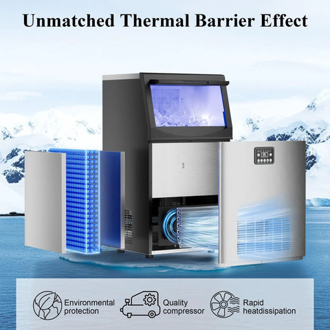 Built Tough Stainless Steel Ice Maker Cranks 110 Pounds Daily And Slaps 36 Clear Cubes Every 14 Minutes With Self Cleaning System And Built In Water Filter For Zero Hassle Home Or Cafe Runs, showing thermal barrier design.