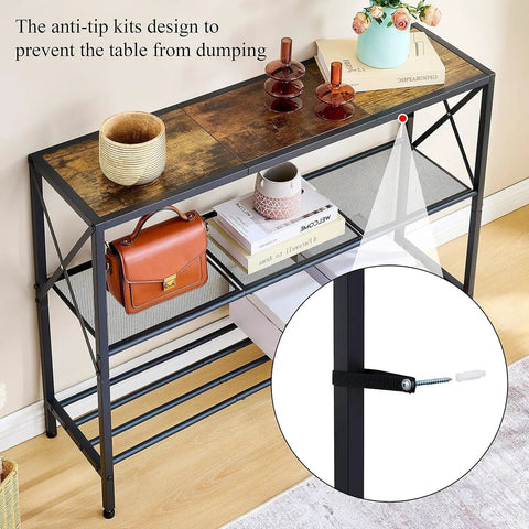 Hella Sturdy Industrial Console Table With Three Tier Open Shelving Slick Black Metal Frame And Rustic Brown Wood Top showing anti-tip design.