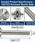 Get These Bad 100 Pcs 304 Stainless Steel Hurricane Shutter Fasteners And Sidewalk Bolts For Your Home And Keep Windows And Doors Locked Down Tight In Any Storm Without Fear Of Damage. Wide flat head, combo drive, 1.5 inch length.