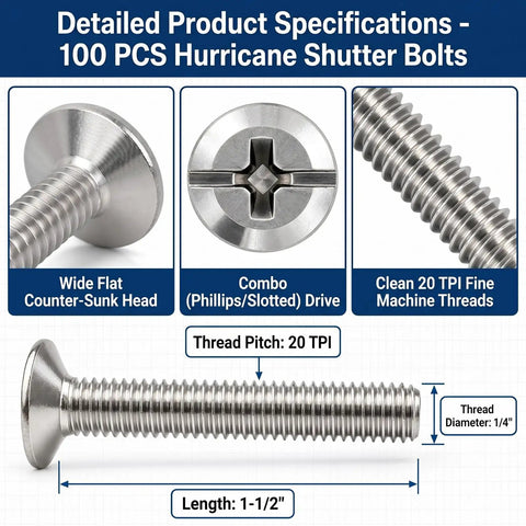 Get These Bad 100 Pcs 304 Stainless Steel Hurricane Shutter Fasteners And Sidewalk Bolts For Your Home And Keep Windows And Doors Locked Down Tight In Any Storm Without Fear Of Damage. Wide flat head, combo drive, 1.5 inch length.