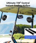 Top Shelf Magnetic Rechargeable Travel Fan For Golf Carts And Cruise Ships 10000Mah Battery mounted on a golf cart for optimal airflow.