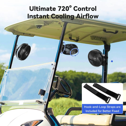 Top Shelf Magnetic Rechargeable Travel Fan For Golf Carts And Cruise Ships 10000Mah Battery mounted on a golf cart for optimal airflow.