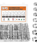 Case of Heavy Duty 130 Piece Hose Clamp Kit 304 Stainless Steel 1/4 to 1-1/2 Inch Worm Gear Clamps Assortment with sizes shown