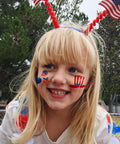 Child wearing 4th Of July Women Outfit Set With 120 PCS USA Flag Temporary Tattoos Featuring Fireworks Eagle Statue Of Liberty And Independence Day Memorial Day For A Classic Patriotic Look And Trendy Festive Vibe
