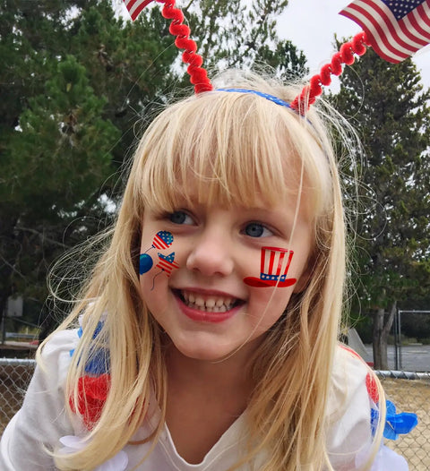 Child wearing 4th Of July Women Outfit Set With 120 PCS USA Flag Temporary Tattoos Featuring Fireworks Eagle Statue Of Liberty And Independence Day Memorial Day For A Classic Patriotic Look And Trendy Festive Vibe