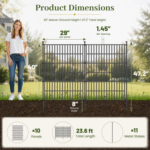 No Dig 10 Panel Decorative Outdoor Garden Fence With Gate For Yard 40 Inch High And 23.6 Feet Long Rustproof Metal Wire Panels