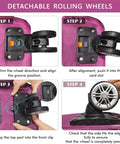 Purple AdashinHoo expandable foldable duffel bag with detachable rolling wheels; step-by-step wheel installation diagram