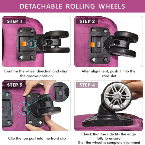 Purple AdashinHoo expandable foldable duffel bag with detachable rolling wheels; step-by-step wheel installation diagram