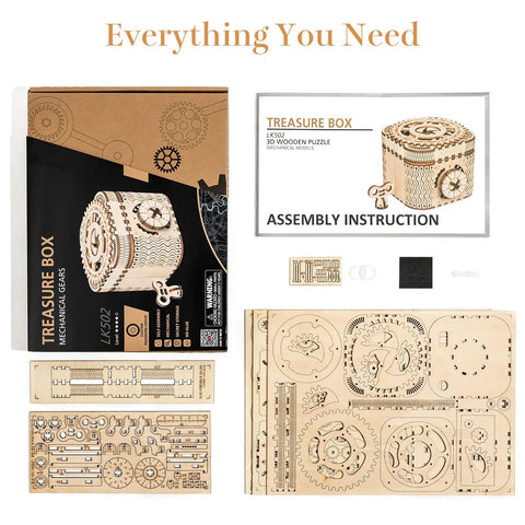 3D Wooden Gear Puzzle Box For Adults And Teens 14 And Up, Laser Cut Mechanical Model Kit Treasure Box With 158 Pieces, box parts and instructions
