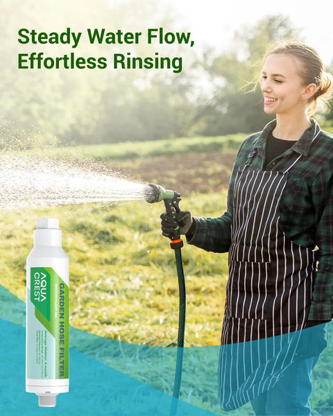 Person using Garden Hose Water Filter for Plants Reduces Chlorine And Odor Improves Plant Health Ideal For Organic Gardening