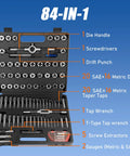 84 Piece Pro Grade Tap And Die Set With SAE And Metric Sizes M3-M12, includes tap wrench, die wrench, screwdriver in storage case