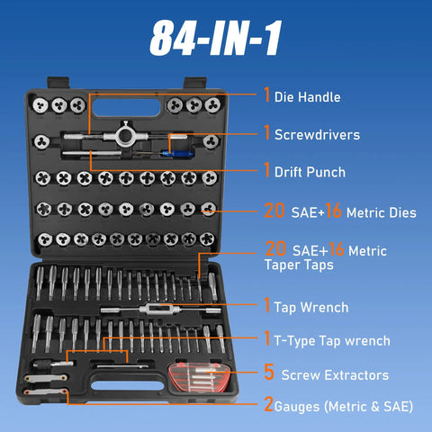 84 Piece Pro Grade Tap And Die Set With SAE And Metric Sizes M3-M12, includes tap wrench, die wrench, screwdriver in storage case