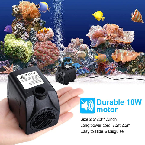 Low Key Dual Pack Submersible Fountain Pump 160GPH 10W 600L/H on hand, aquarium background with colorful fish