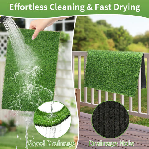 Two Pack 30X20 Inch Dog Potty Grass Training Turf Mats With Drainage Holes, washable, showing water drainage and drying outdoors.