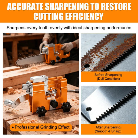 Manual Chain Saw Sharpener Kit With Hand Crank Portable Sharpener for Household Chainsaw Chains in use on workbench