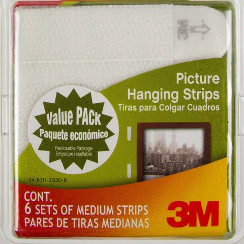 Value pack of 3M medium picture hanging strips, 6 sets, damage-free, for 12 lb, on paint, wood, tile, no nails, no screws.