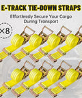Heavy Duty Ratchet Straps 8 Pack 2 Inches By 15 Feet Featuring Bulletproof 4500 Pound Breaking Strength For Secure Cargo Tie Downs On Hotshot Trucks, yellow E-track tie-downs.