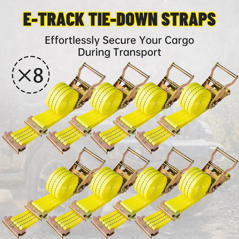 Heavy Duty Ratchet Straps 8 Pack 2 Inches By 15 Feet Featuring Bulletproof 4500 Pound Breaking Strength For Secure Cargo Tie Downs On Hotshot Trucks, yellow E-track tie-downs.