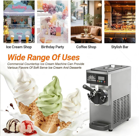 Heavy Lifter Commercial Ice Cream Maker With 450W Compressor And No Sweat Self Cleaning Air Cooled Setup Hustle Ready Frozen Dessert Machine For Busy Cafes in a stylish bar setting.