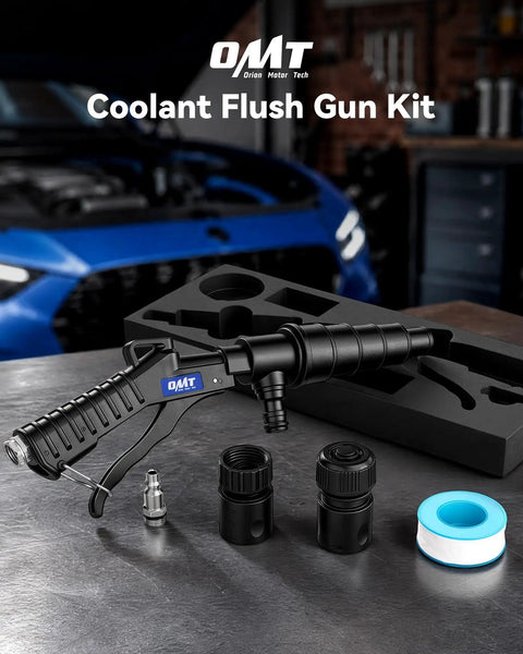 Premium Heavy Duty Coolant Flush Gun Radiator Cleaning Kit with black handle and accessories on a work surface.