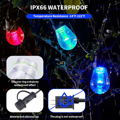 Outdoor String Lights 50 Feet For Patio With 20 Dimmable RGBW LED Bulbs IP66 Waterproof And Shatterproof lit in rain