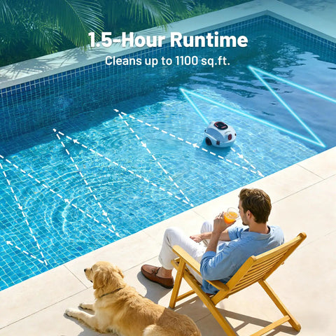 Cordless Robotic Pool Cleaner With 100-Minute Runtime cleaning pool while man relaxes with dog nearby