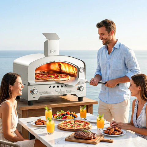 Man using Portable Gas Pizza Oven with 15 Inch Stone, Stainless Steel Backyard Tailgate Ready Pizza Maker, Dual Side Burners 23K BTU, Heats To 750F