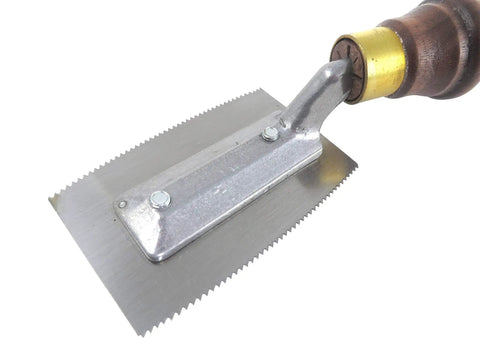 Smooth As Butter Veneer Saw Featuring A Razor Sharp 15 TPI Dual Sided Blade For Dead On Inlay Work And Easy Center Cuts, Chunky Walnut Handle, Absolute Shop Staple close-up view of the dual-sided blade with chunky walnut handle.