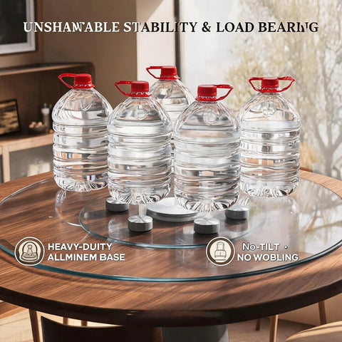 Game-Changing 7mm Tempered Glass Lazy Susan Turntable With Smooth Quiet Rotation, loaded with bottles, showing stability