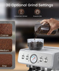 No Sweat Home Espresso Maker With Heavy Duty Grinder And Clog Buster Chamber Includes Quick Steam Milk Frother Wand And Turbo Heat Boiler For Deep Lattes And Frothy Cappuccinos In Urban Silver showing conical burr grinder and grind settings.