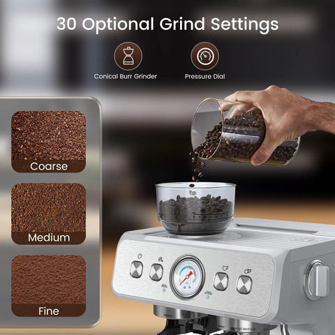 No Sweat Home Espresso Maker With Heavy Duty Grinder And Clog Buster Chamber Includes Quick Steam Milk Frother Wand And Turbo Heat Boiler For Deep Lattes And Frothy Cappuccinos In Urban Silver showing conical burr grinder and grind settings.