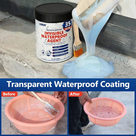 Heavy Duty Clear Waterproof Sealant 35 Ounce Slick Water Based Coating applied to surface with paintbrush for home repairs.
