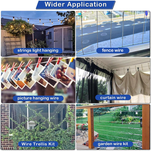 Turnbuckle Wire Tensioner Kit 100 Feet Vinyl Coated Stainless Steel Cable for string lights, fencing, picture and curtain hanging.