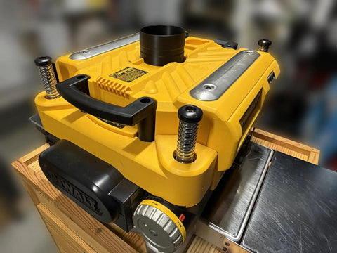 Overhead Dust Port Upgrade for 4 Inch Hose Fits DW735 and DW735X Planers installed on yellow planer, workshop setting