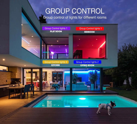 Modern house exterior lit by Ultra Slim 6 Inch Smart LED Recessed Downlight Kit, 16W 1400LM Color Changing RGB LED.