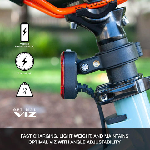Hardwired 150 Lumen E Bike Taillight With 6 Modes for Class 1 2 3, mounted on bike seatpost, showing voltage and weight
