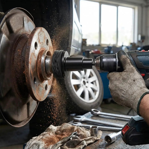 Using Wheel Hub Resurfacing And Stud Cleaning Kit For Quick Rust Removal On Lug Nuts And Brake Rotors Fits Half Inch Wrenches And Drills