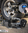20V Cordless Tire Inflator Portable Air Compressor Pump with 3Ah Max Li Ion Battery inflating a car tire, showing LCD gauge
