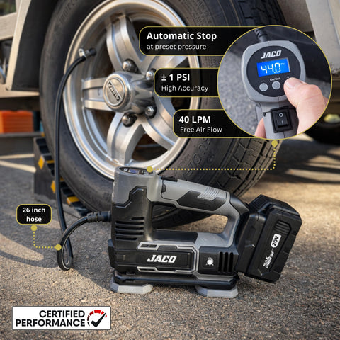 20V Cordless Tire Inflator Portable Air Compressor Pump with 3Ah Max Li Ion Battery inflating a car tire, showing LCD gauge