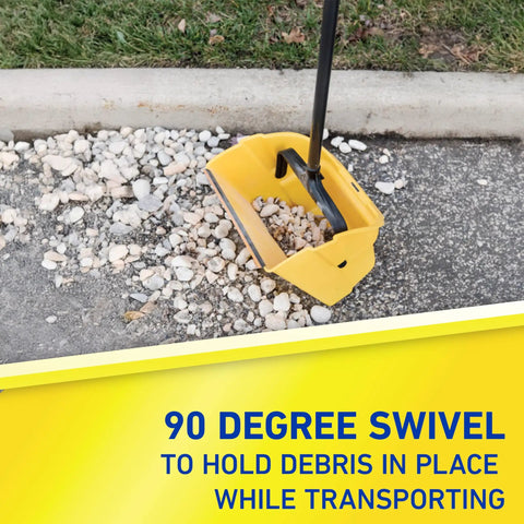 Jumbo Debris Dustpan with 36-inch steel handle, holding debris on asphalt, showcasing swiveling pan with snap lock, ergonomic grip.