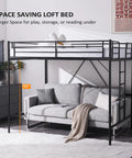 Heavy Duty Full Size Loft Bed With Solid Steel Frame And Flat Rungs For Teens And Adults Built Extra Tough For Years Of Chill Vibes Four Hundred Forty Pound Weight Limit No Box Spring Needed Sleek Black Space Saver with 55-inch clearance under couch.