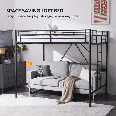 Heavy Duty Full Size Loft Bed With Solid Steel Frame And Flat Rungs For Teens And Adults Built Extra Tough For Years Of Chill Vibes Four Hundred Forty Pound Weight Limit No Box Spring Needed Sleek Black Space Saver with 55-inch clearance under couch.