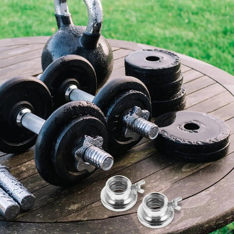 2 Pack Barbell Collar Screw Clamps No Slip Dumbbell Weight Clamps on table with kettlebell and weights for home gym use