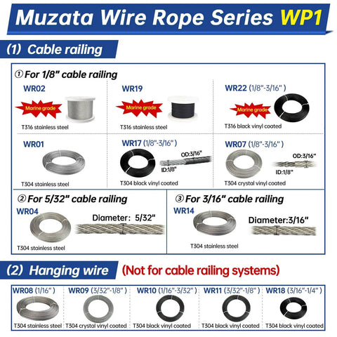 Muzata Wire Rope Series WP1 showing various cable options, WR02 T316 and WR22 T316 Marine Grade for railings and hanging applications.