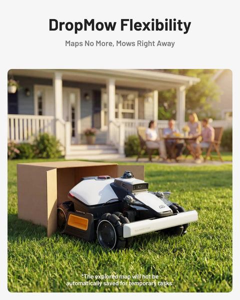 2026 Upgrade LUBA Mini 2 AWD Robot Lawn Mower For A 0.37 Acre Yard outside a house with people in the background.