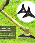 Two Pack 10 Inch 3 Tooth Carbon Steel Brush Cutter Blades with washers on green grass, showcasing compatibility with trimmers.