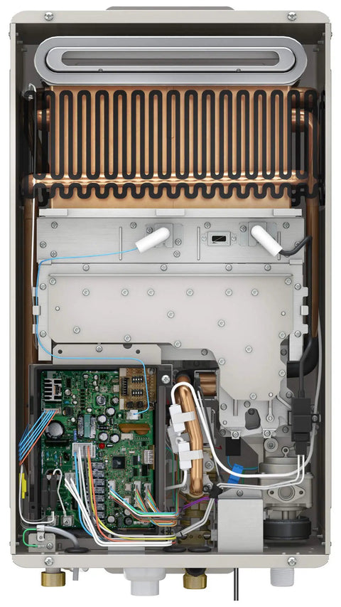 Interior view of Top Shelf Stainless Steel Natural Gas Outdoor Tankless Water Heater Pumping Sick Hot Water At 9.5 Gpm.