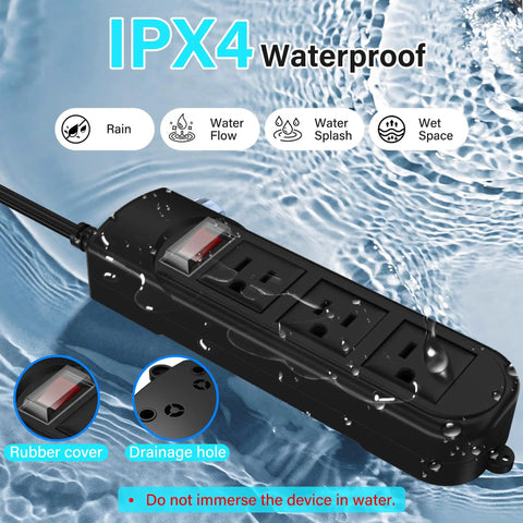 Outdoor Power Strip 6 Ft IPX4 Waterproof Surge Protector With 3 Widely Spaced Outlets in water splash background