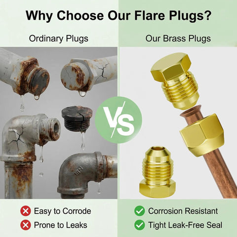 Comparison of rusty ordinary plugs with SAE 45 Degree Flare Plug Kit, 4 Pack Solid Brass Tube Fittings for leak-free seal.
