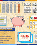 Pretend Money Set For Kids With Bills And Coins, Hands On Math Manipulatives featuring play money, piggy bank card, and dice.